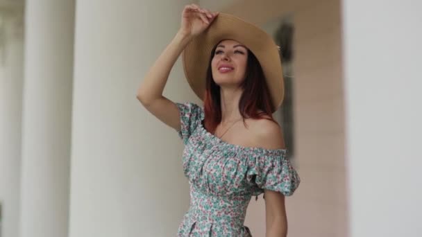 Sorrisos Emoções Natureza Uma Menina Vestido Verão Sentado Perto Propriedade — Vídeo de Stock