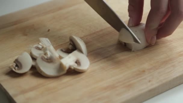 Content Macro Photography Food Blog Cooking Slicing Mushrooms — Stock Video