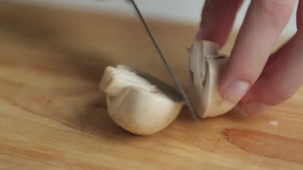 Content Macro Photography Food Blog Cooking Slicing Mushrooms — Stock Video