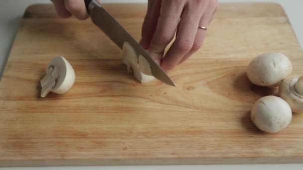 Content Macro Photography Food Blog Cooking Slicing Mushrooms — Stock Video