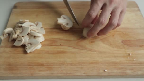 Content Macro Photography Food Blog Cooking Slicing Mushrooms — Stock Video