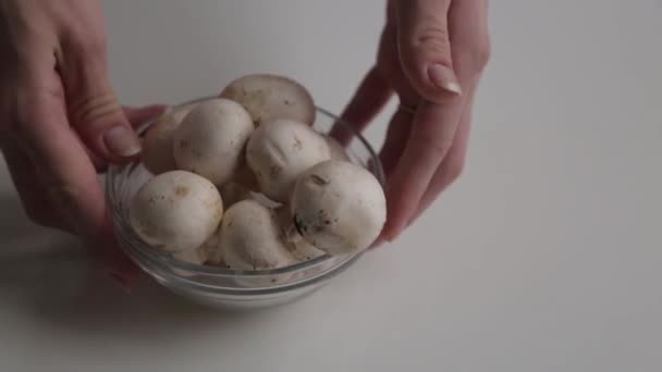 食品博客的内容和微距摄影 蘑菇在桌子上的准备和散射 — 图库视频影像