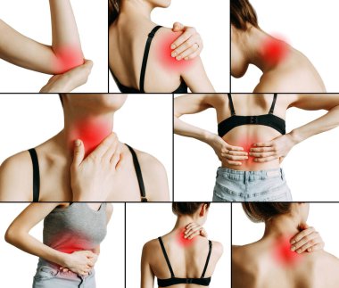 Bir kadının vücudunda acı. Beyaz arka planda izole edilmiş. Çeşitli fotoğrafların kolajı