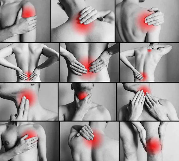 Колаж, що представляє людину, має біль у декількох частинах тіла. Ізольовані на сірому фоні, червоні болючі . — стокове фото