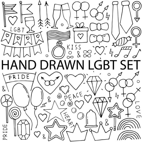 Vector abstract Doodle LGBT pattern and icons. Handwritten pride, love, peace inscription with a rainbow. A symbol of LGBT rights, isolated.