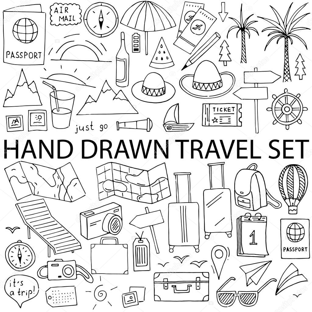 Hand drawn vector illustration set of travel, tourism and summer doodles elements. Isolated on white background.