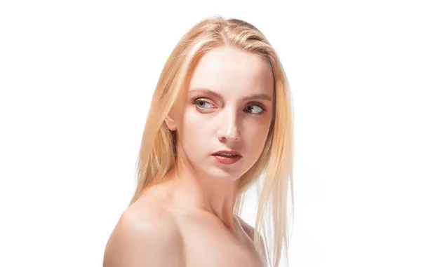 Portrait Une Belle Blonde Sur Fond Blanc Image En Vente