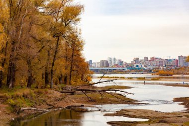 Bir nehir, sonbahar yatay. Sarı ağaçlar ve karşı kıyıda üzerinde büyük bir şehir.