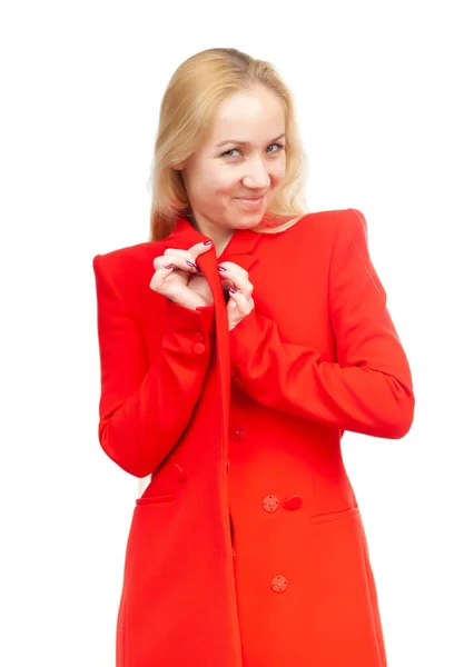Dívka Blondýny Flirtující Výraz Červeném Oblečení Bílém Pozadí — Stock fotografie