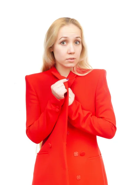 Blonde Girl Expression Amazement Her Face Red Clothes White Background — Stock Photo, Image