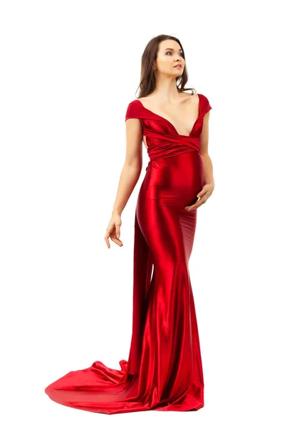 Pregnant Woman Red Dress White Background — Stock Photo, Image