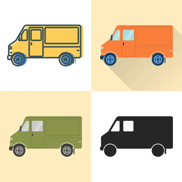 Step van food truck icon set in flat and line styles