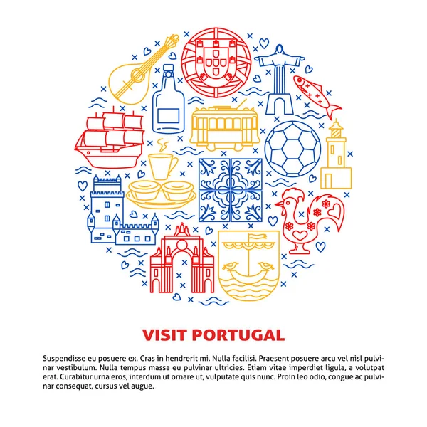 Visit Portugal round concept with icons in line style and place for text — Stock Illustration Visit Portugal round concept with icons in line style and place for text Stock Illustration