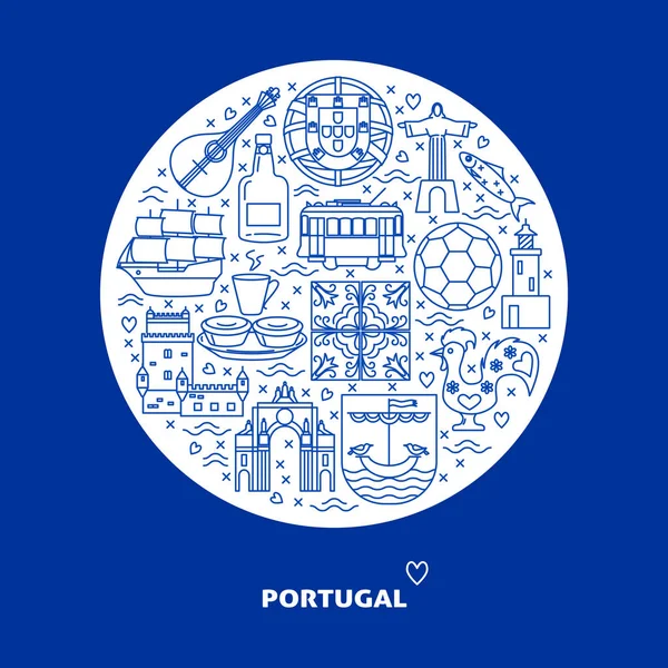 Portugal round concept with icons in line style and place for text — Stock Illustration Portugal round concept with icons in line style and place for text Royalty Free Stock Vectors