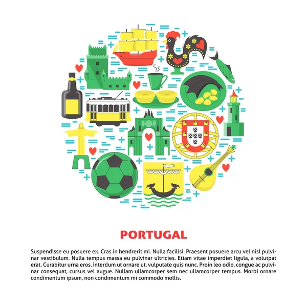 Portugal round concept with icons in flat style and place for text — Stock Illustration Portugal round concept with icons in flat style and place for text Stock Vector
