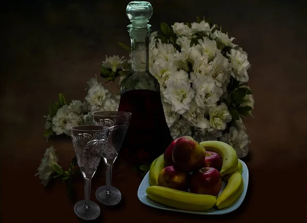 Steel Life Fruits Wine Flowers — Stock Photo, Image