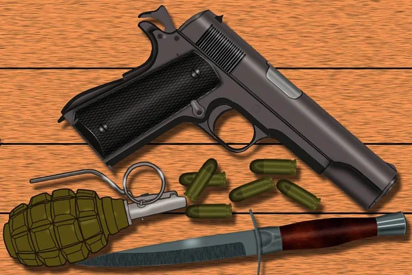 Automatische Pistole Granate Und Messer Illustration — Stockfoto