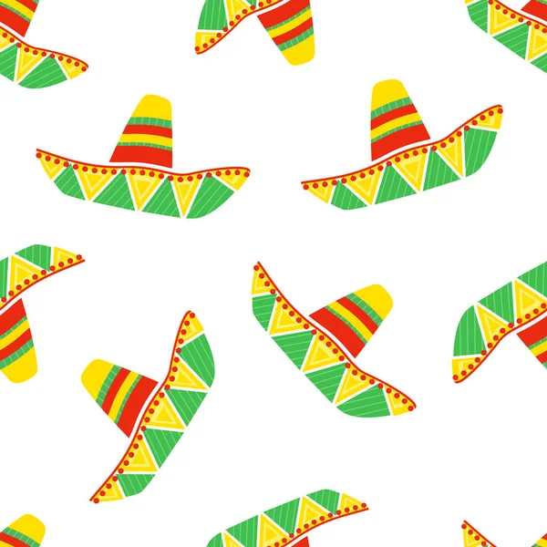 Kleurrijke Sombrero Traditionele Mexicaanse Stro Hoed Latino Hoofddeksels Vector Naadloze — Stockvector