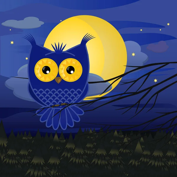 蓝头鹰动画片坐在一个分支反对满月的背景 夜空和星在松树森林之上 — 图库矢量图片