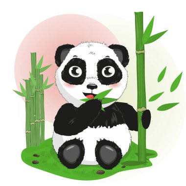 sevimli çizgi küçük hayvan Çin panda ayısı yiyor bambu, izole vektör çizim clipart