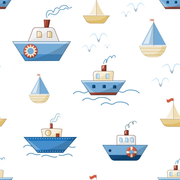 卡通船 轮船和游艇的波浪和海鸥矢量无缝模式 — 图库矢量图片