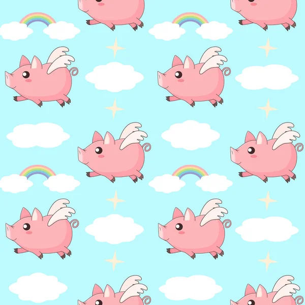 Bonito Cartoon Kawaii Leitões Voando Céu Entre Nuvens Arco Íris — Vetor de Stock