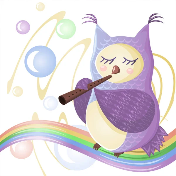 Violet Cartoon Musicus Uil Spelen Fluit Reed Pijp Trompet Zitten — Stockvector