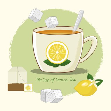 fincan limonlu çay, çay poşeti, Olgun limon, şeker ve kaşık, tarzı çizilmiş vektör toplama