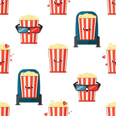 Kırmızı ile şirin emoji patlamış mısır kovaları ve film izle ve ifade farklı duygular beyaz şeritler