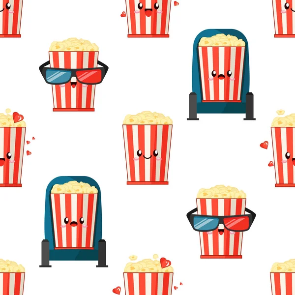 Zabawnego Emotikona Popcorn Wiadra Czerwonym Białe Paski Oglądać Film Wyrażać — Wektor stockowy