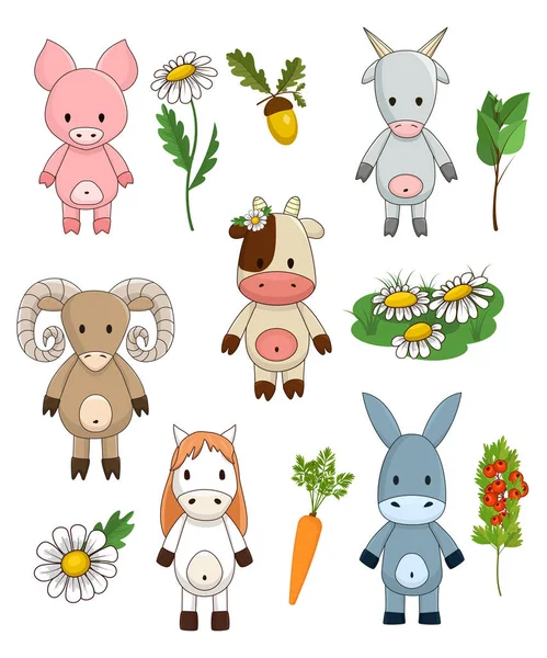 Lustige Nutztiere Niedlichen Spielzeug Vieh Für Kinder Vektor Cliparts Sammlung — Stockvektor
