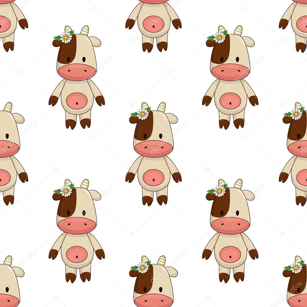 little cartoon toy cow with chamomile near ear and brown spot around eye. Seamless vector pattern on white background chequerwise