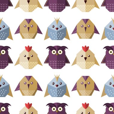 geometrik kağıttan kuşlar düz tarzı, beyaz arka plan üzerinde sorunsuz vektör şekli. sekizgen pastel kartal baykuş, tavuk, Serçe ve diğer oyuncak kuş. çocuklar için sorunsuz duvar kağıdı