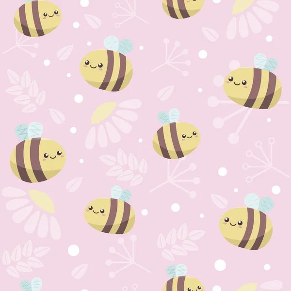 Бесшовный фон с милыми мультяшными пчелами, листьями и гриппом — стоковый вектор