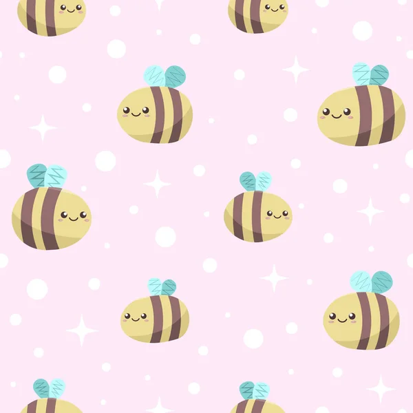 Seamless pink background with cute funny smiling honey bees — Stock Vector