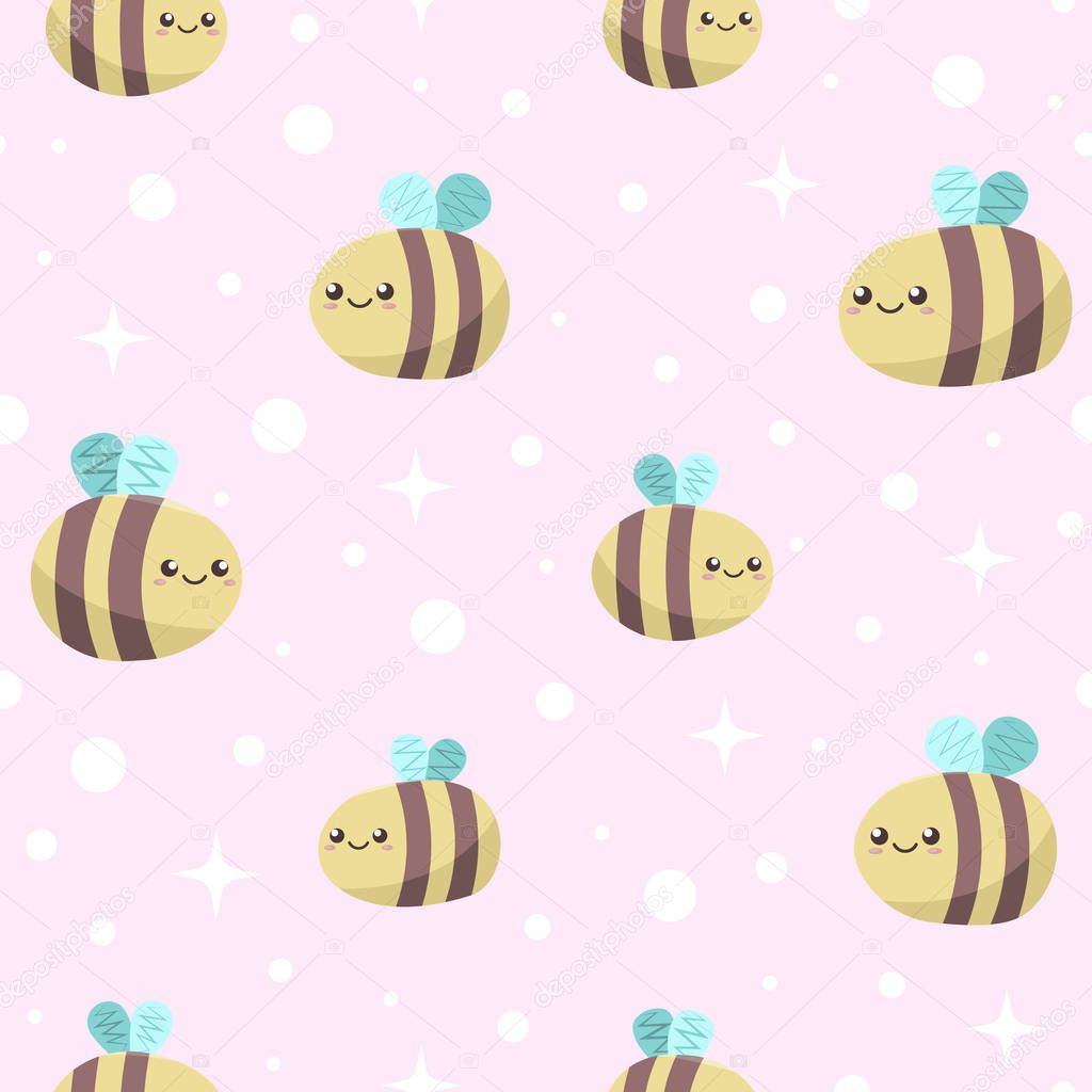 seamless pink background with cute funny smiling honey bees