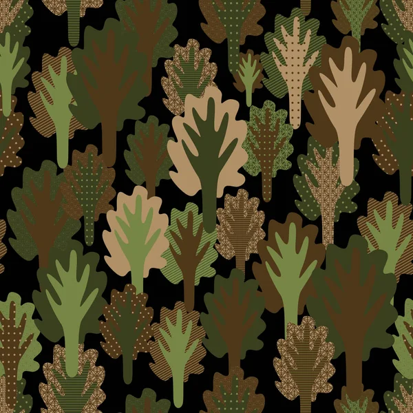 军事纹理与落叶树 有树叶和各种装饰品的树木森林 有树状斑点的无缝矢量伪装背景 — 图库矢量图片