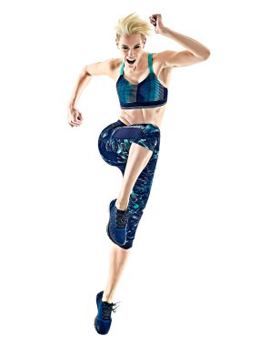 Beyaz arka plan jogging jogging yapan çalışan kadın runner izole