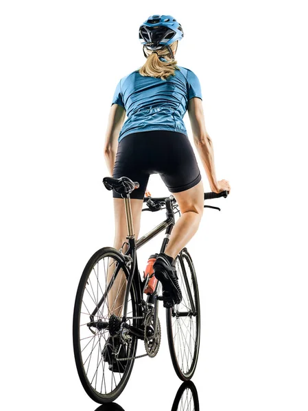 Ciclista ciclista ciclismo bicicleta mujer aislado fondo blanco — Foto de Stock