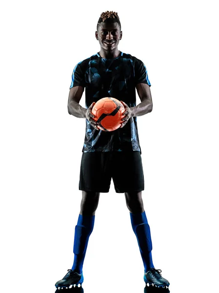 Ein afrikanischer Fußballer Mann isoliert weißen Hintergrund Silhouette — Stockfoto