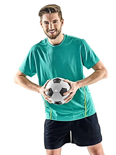 Un giocatore di calcio uomo in piedi isolato sfondo bianco — Foto Stock