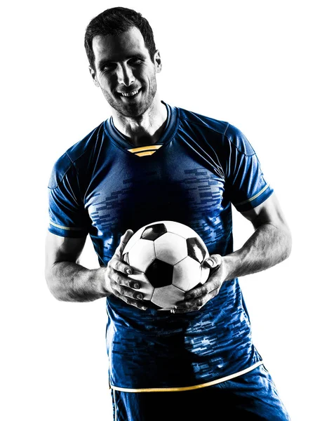 Ποδόσφαιρο παίκτης ο άνθρωπος στέκεται χαμογελώντας σιλουέτα απομονωμένες Royalty Free Εικόνες Αρχείου