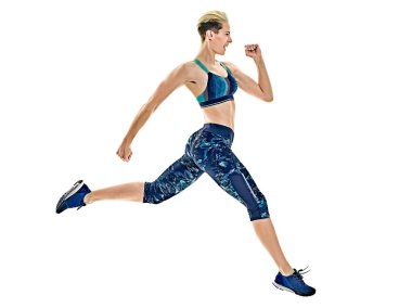 Beyaz arka plan jogging jogging yapan çalışan kadın runner izole