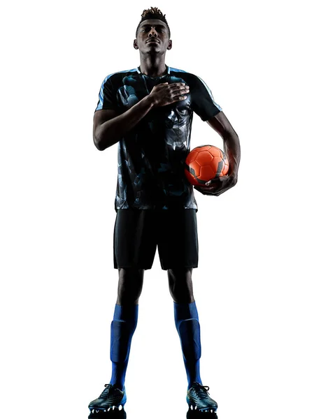 Un footballeur africain homme isolé fond blanc silhouette — Photo