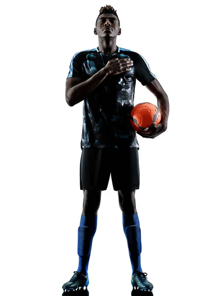 한 아프리카 축구 선수 남자 절연 흰색 배경 silhouet 스톡 이미지