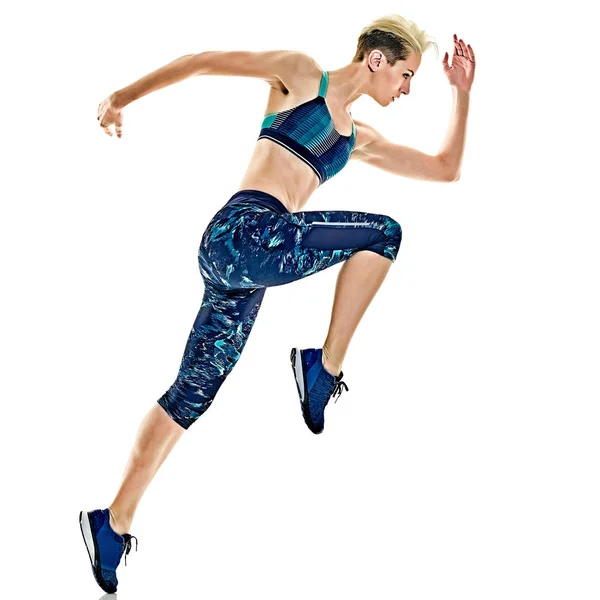女跑步运动员跑慢跑慢跑孤立的白色背景 — 图库照片