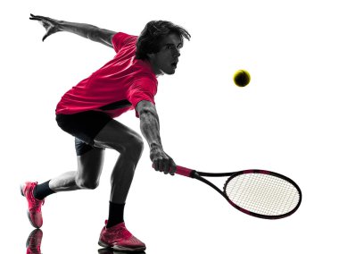 Tenis oyuncu adam izole siluet beyaz arka plan