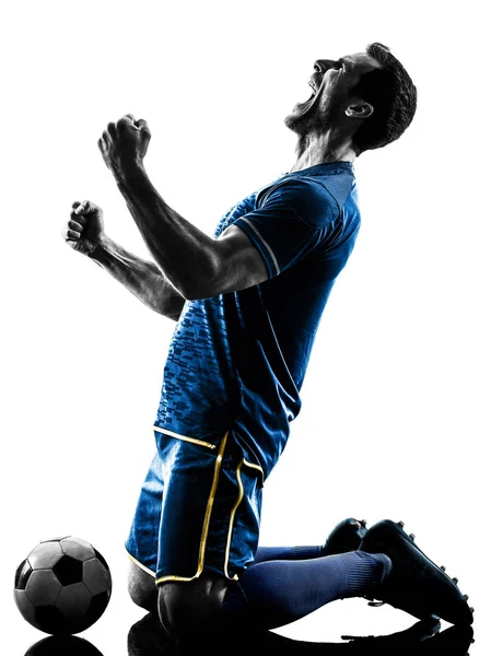 Fotbalový hráč muž šťastný oslava silueta, samostatný Stock Fotografie