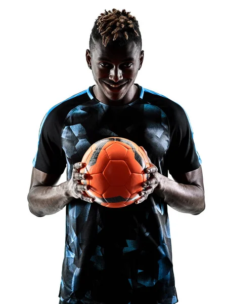 Un footballeur africain homme isolé fond blanc silhouette — Photo