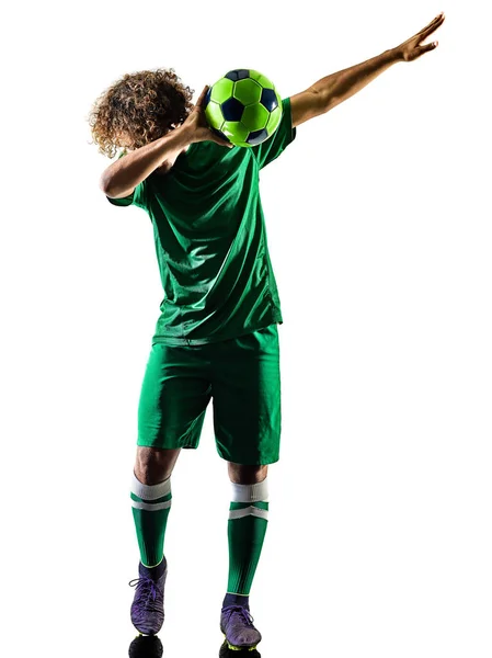 Jonge tiener voetbal speler man silhouet geïsoleerd viering — Stockfoto